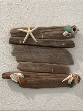 Driftwood Art,Driftwood & Starfish ,Seashells,Sea Glass Hanging Jewelry Display